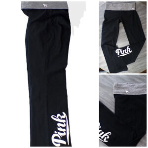 Y2k Victoria's Secret Pink Yoga Black Flare Legging M Fold over White Spell out